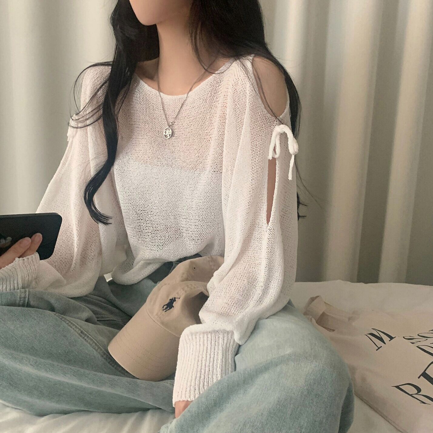 韩国chic夏季系带镂空露肩宽松透视薄款防晒针织衫套头罩衫上衣女