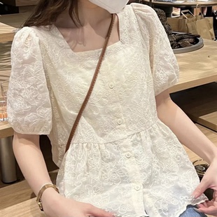 蕾丝刺绣高级感娃娃衫 雪纺衬衫 泡泡袖 遮肚女夏新款 薄 上衣洋气小衫