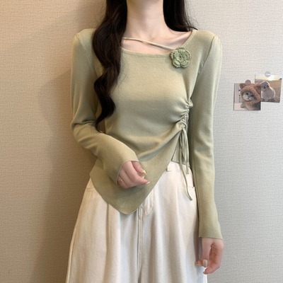 不规则抽绳多巴胺正肩长袖t恤女开叉打底衫修身初春立体花朵上衣