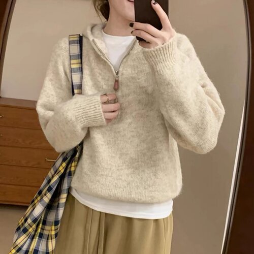 半拉链套头连帽毛衣女秋冬2026新款慵懒风软糯打底上衣加厚针织衫