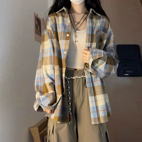 蓝黄色格子衬衫内搭外穿夏季衬衣薄款外套女宽松格纹上衣美式穿搭