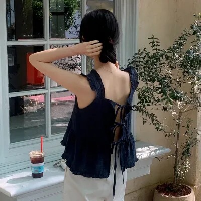 韩国chic夏季复古气质方领后背系带设计百搭木耳边格子背心吊带女