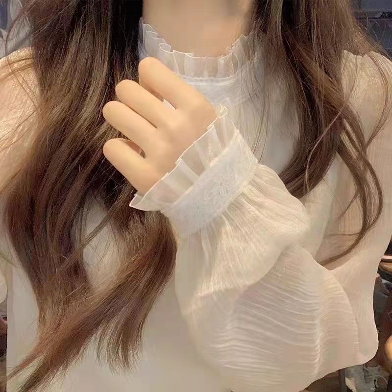 白色蕾丝打底衫女春秋新款设计感小众网纱雪纺衫上衣长袖内搭衬衫