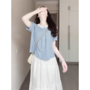 小清新甜美减龄蓝色格子短袖 小个子撞色花边领上衣衬衣 衬衫 女夏季