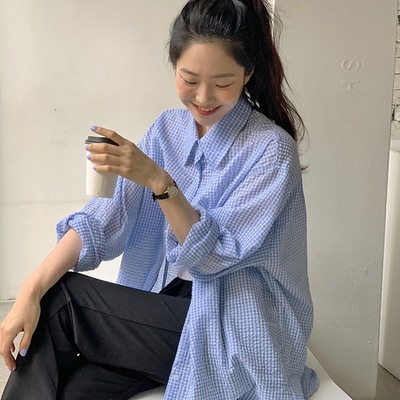 蓝色格子防晒衬衫女2025新款夏慵懒风宽松外搭开衫泡泡棉纹理衬衣