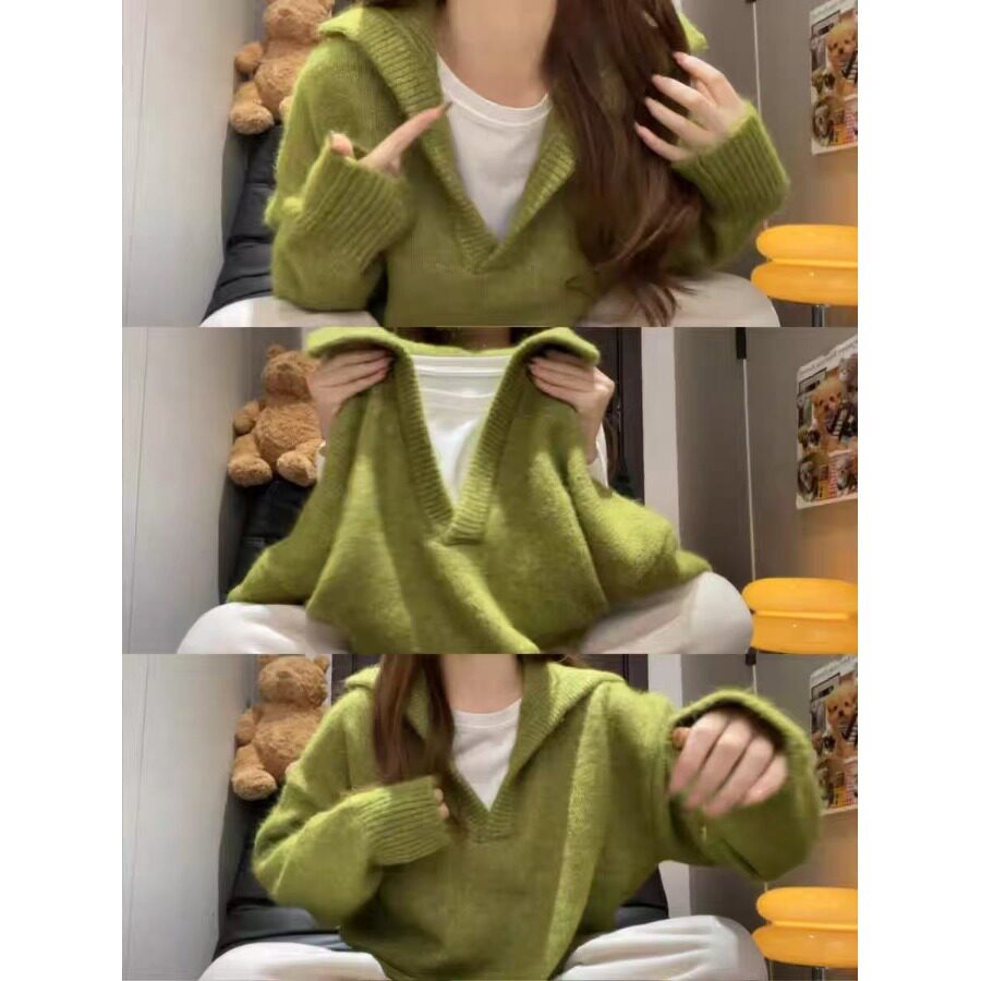 韩系翻领毛衣女秋冬新款软糯宽松针织衫高级感慵懒内搭可外穿上衣