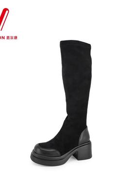 意尔康女靴2025新款绒面瘦瘦靴高筒靴显瘦粗跟弹力靴S662AH06161Y