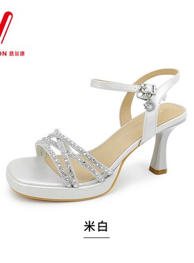 意尔康女鞋2026夏季新款时尚一字带闪钻高跟鞋凉鞋女6352GL32656U