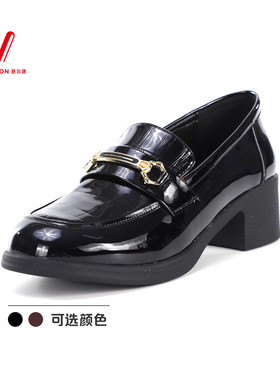 意尔康女鞋2026春季新款英伦风乐福鞋时尚粗跟小皮鞋6162AB16844U