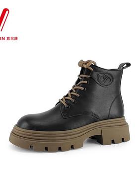 意尔康马丁靴女2025新款英伦风休闲厚底加绒短靴子女S862GM396503