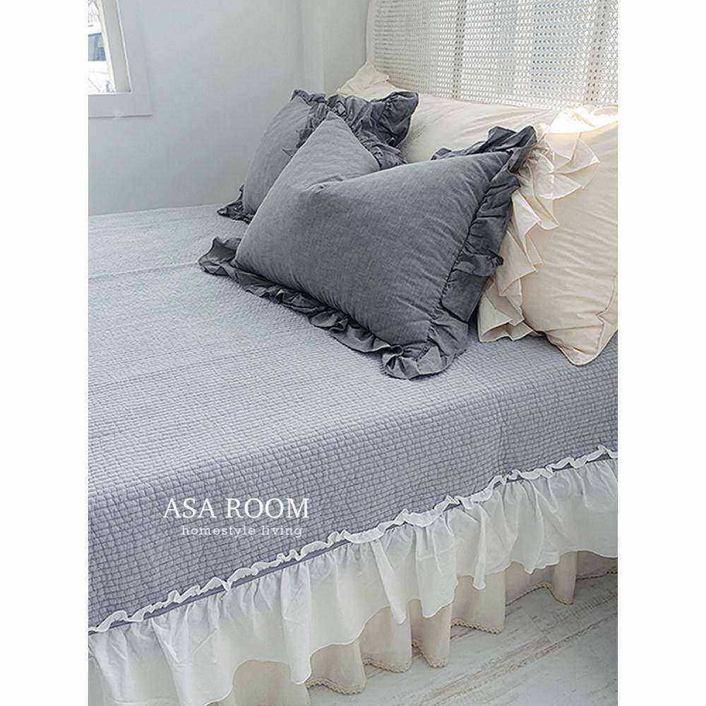 现货▲2米大床用！ASAROOM韩国纯棉荷叶边绗缝简约床裙式床单床盖