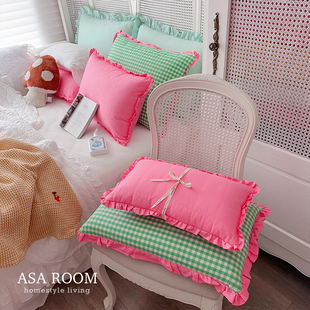 ASAROOM韩国纯棉格纹荷叶边枕头套 现货 多巴胺 自留亮色枕套
