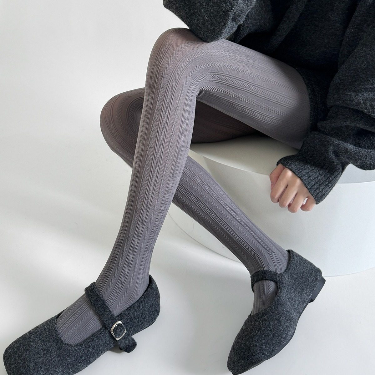 秋冬新款复古奶白色竖纹麦穗提花美腿连裤袜格雷系灰色显瘦打底袜