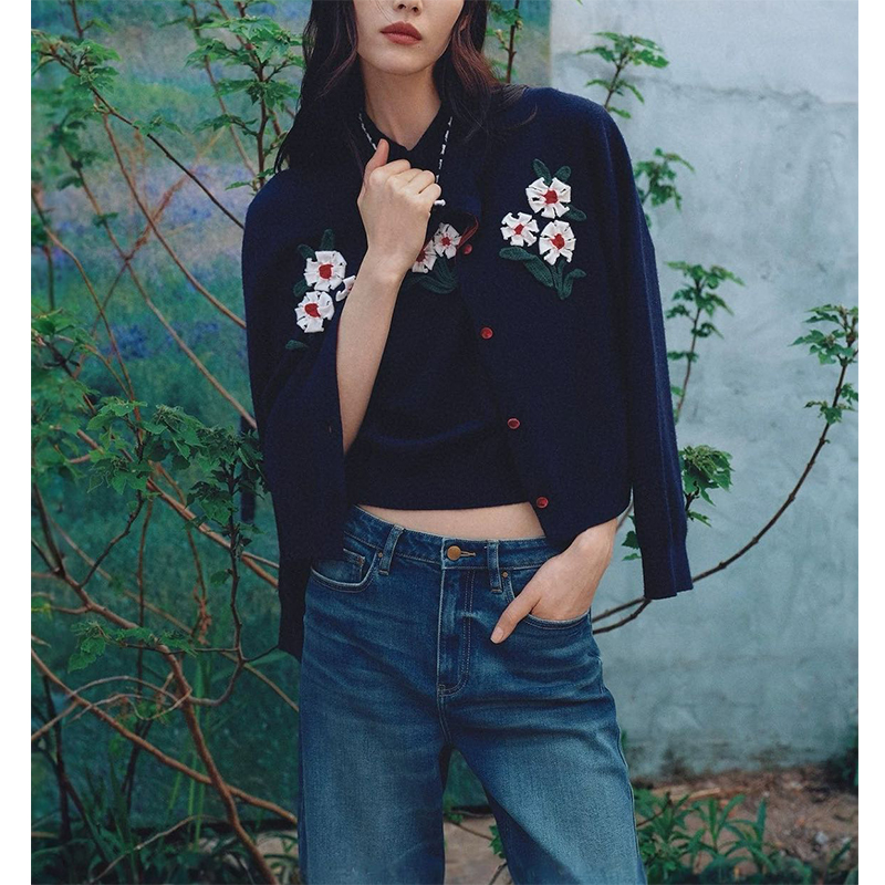 大表姐同款~羊绒羊毛重工挂毛纱立体蔷薇花圆领针织毛衣外套女