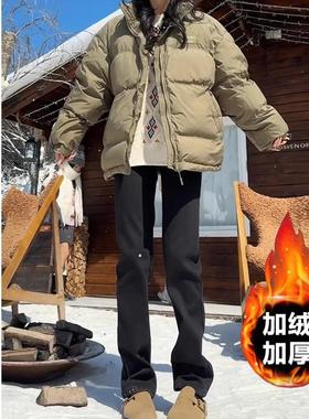 QGL黑色直筒牛仔裤女冬加绒裤子2025新款窄版修身显瘦高腰烟管裤