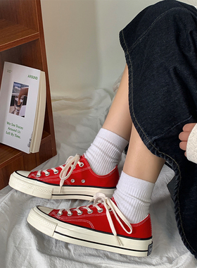 EVENSTAR帆布鞋女夏季薄款2024新款大红色高帮爆款小白鞋女男板鞋