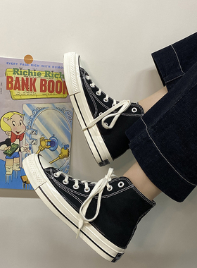 EVENSTAR帆布鞋女夏季薄款2024新款黑色高帮爆款小白鞋女百搭板鞋