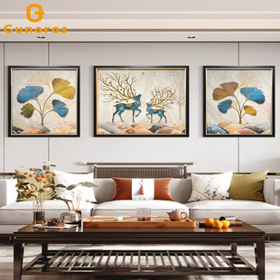 现代简约三联3d立体实物客厅装 饰画沙发背景墙挂画手工银杏叶壁画