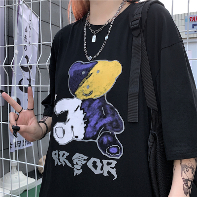 4153-P30 2020新款灰黑色T恤短袖ins手绘涂鸦小熊印花男女显白潮