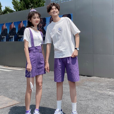 6886女套P85 男套装P65 夏装短袖情侣装洋气减龄香芋紫背带裙