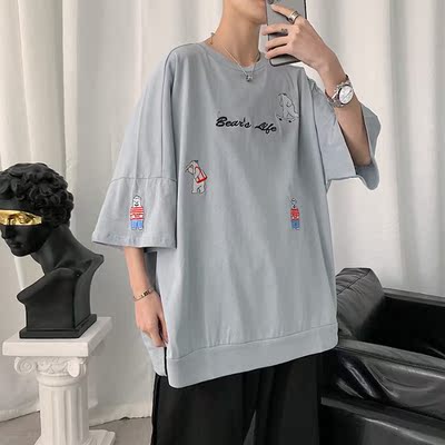 4330-P35 男潮牌宽松个性韩版上衣宽松北极熊刺绣港风ins夏天大码
