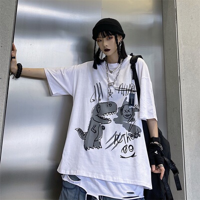 4306-P30 2020白色t恤女韩版ins复古卡通涂鸦印花宽松短袖上衣潮