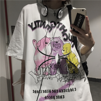 4279-P32 原创 ins街头嘻哈风可爱三只熊印花宽松显瘦t恤男女潮