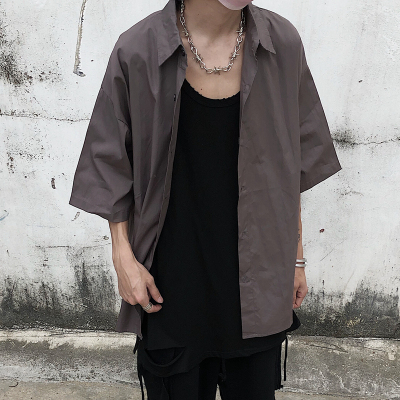 4301-P35 2020夏天ins潮原宿风暗黑系简约纯色百搭短袖衬衫男女潮