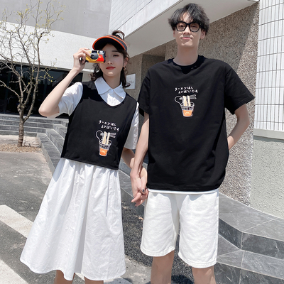 6810-套装P30 2020年夏天情侣装泡面短袖T恤女衬衫连衣裙套装