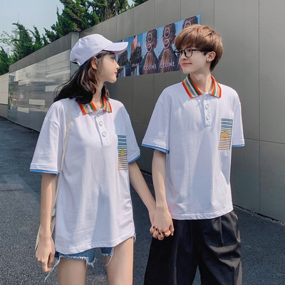 6829-P42 2020情侣装夏装彩虹领新款POIO短袖T恤学生班服潮男女款