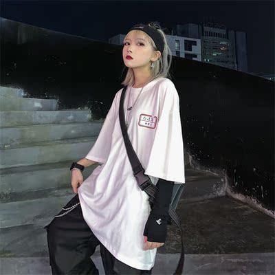 4328-P30 新款韩版ins原宿bf风简约个性标签印花宽松短袖T恤男女
