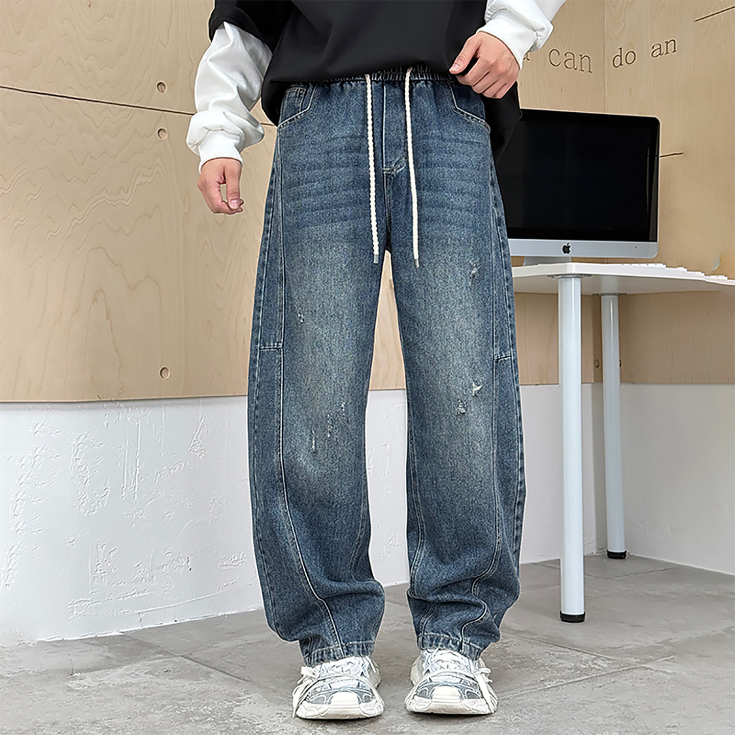 破洞阔腿牛仔裤男直筒宽松美式复古蓝色休闲水洗潮牌裤子2025新款
