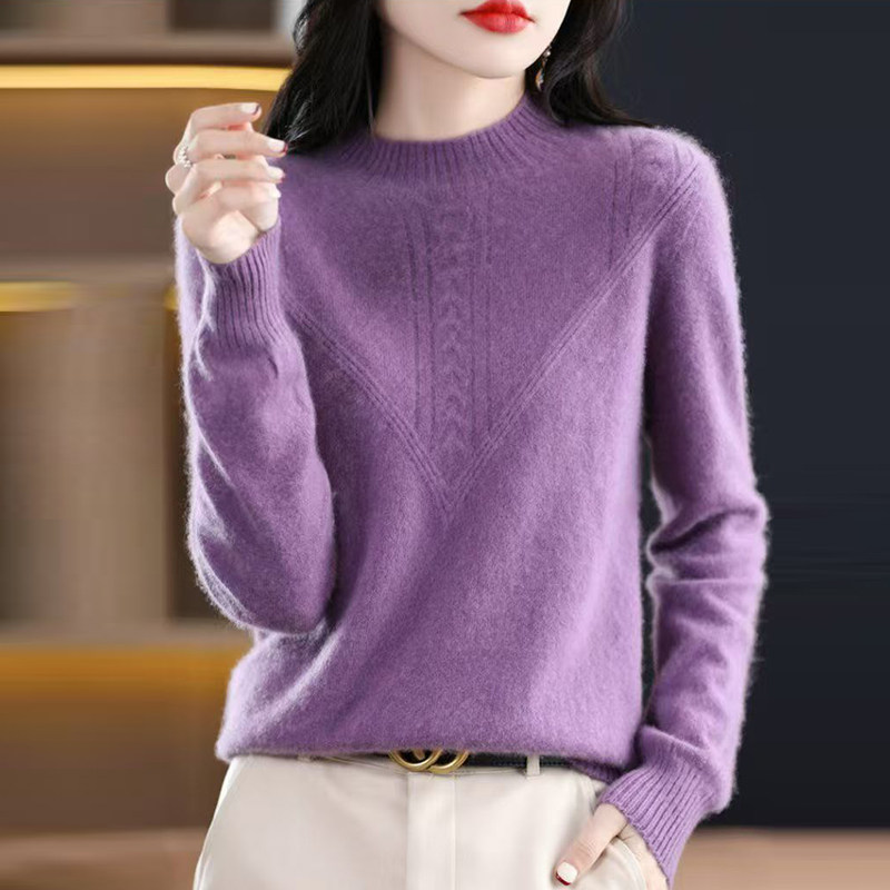 鄂尔多斯市半高领纯羊毛衫女2024秋冬新款针织打底衫短款套头毛衣