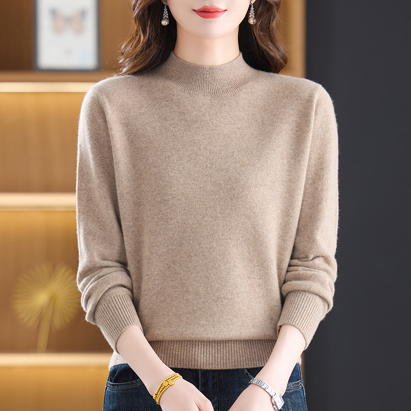 鄂尔多斯市100%纯羊毛衫女秋冬新款半高领羊绒打底衫宽松套头毛衣