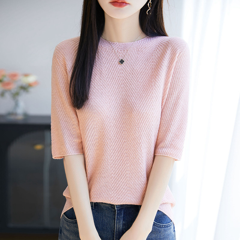 鄂尔多斯市天丝羊毛针织衫女2026春季新款圆领上衣五分袖薄款毛衣