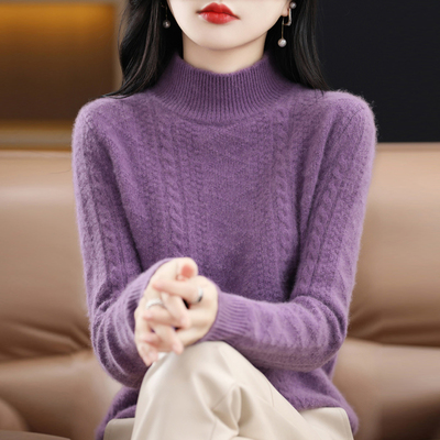 鄂尔多斯市半高领纯羊毛衫女秋冬加厚羊绒打底衫短款宽松套头毛衣
