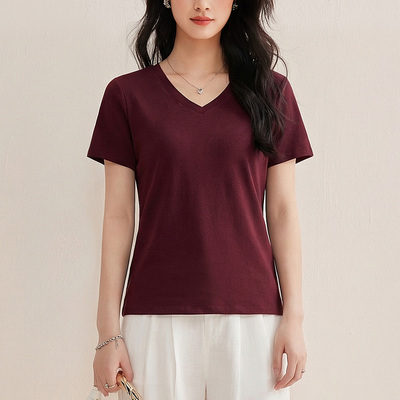 专柜正品高端天丝短袖T恤女2026夏季新款V领上衣修身显瘦百搭体恤