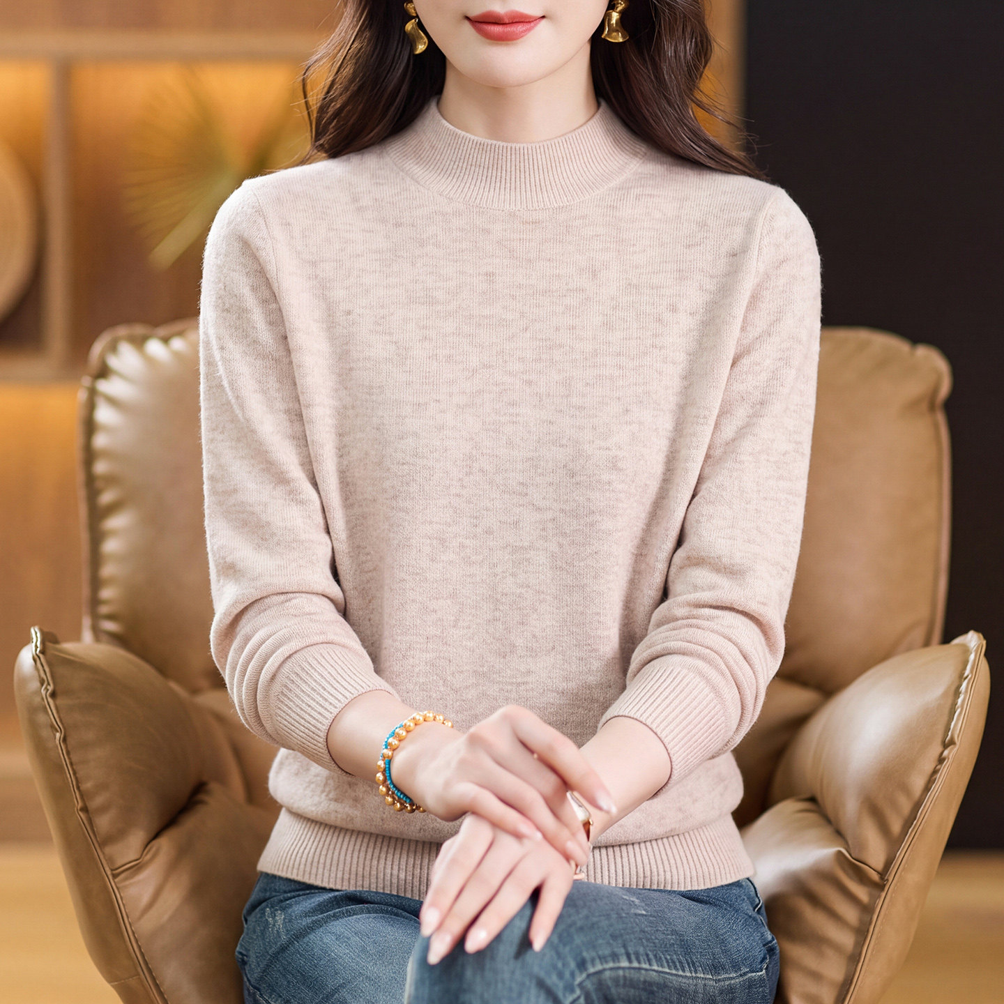 鄂尔多斯市100%纯羊毛衫女2026秋冬新款羊绒打底衫宽松半高领毛衣
