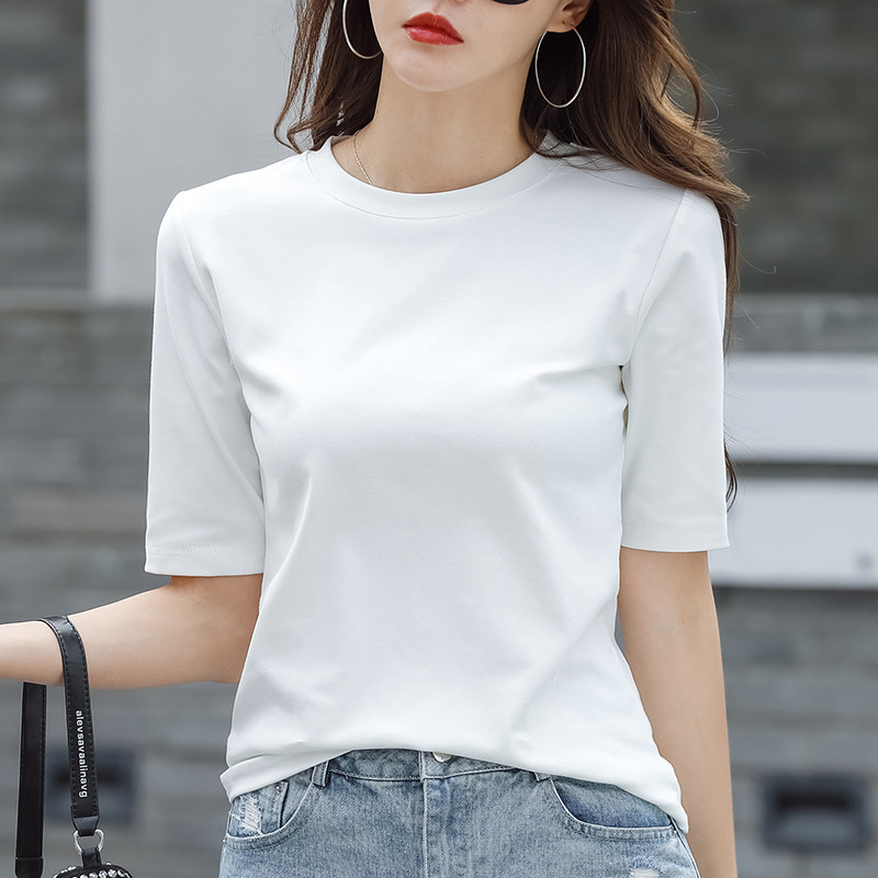专柜正品女装白色中袖上衣2024夏秋新款修身显瘦纯棉T恤女打底衫