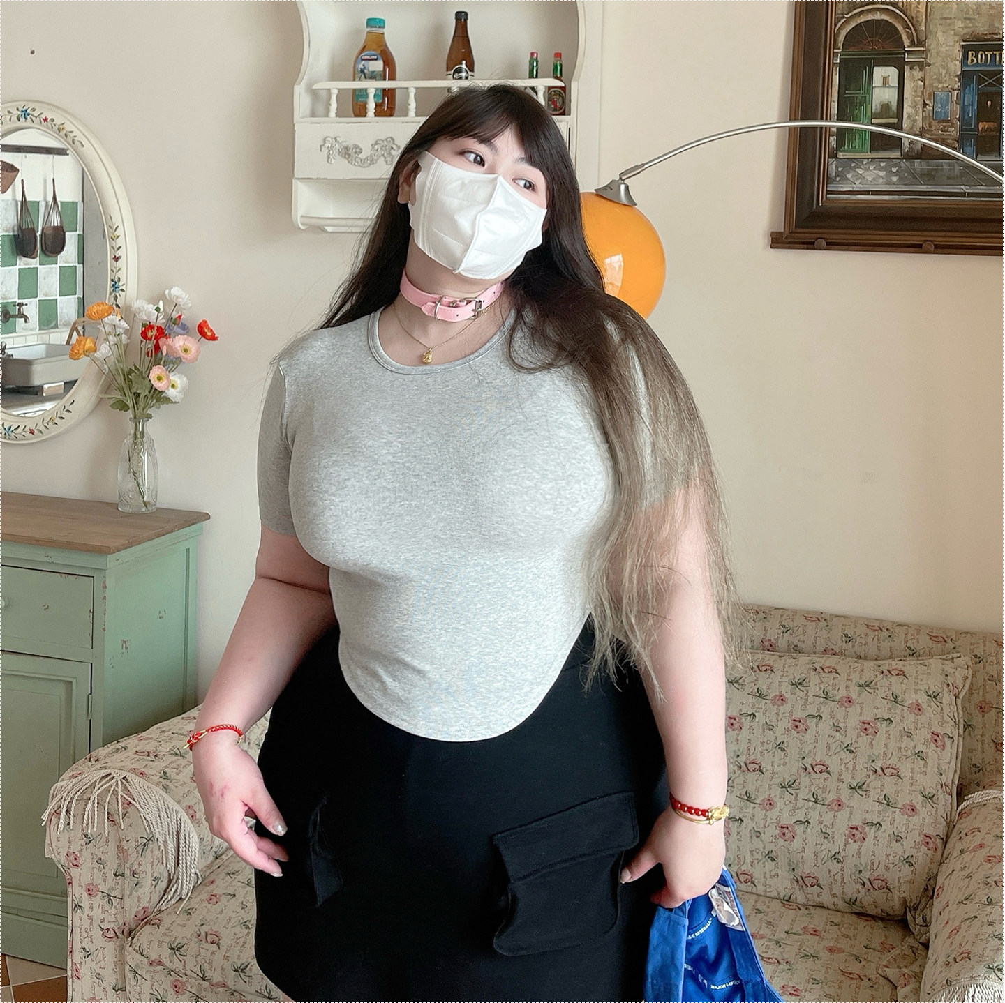 大码女装纯色掐腰短袖T恤上衣