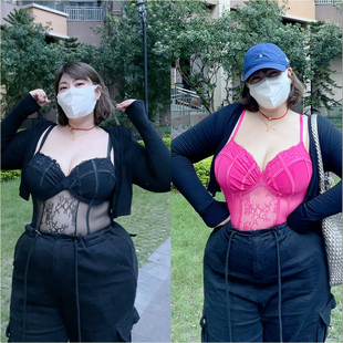 180的陈橙橙 桃之夭夭大码女装性感背心连体衣蕾丝吊带连体内衣女