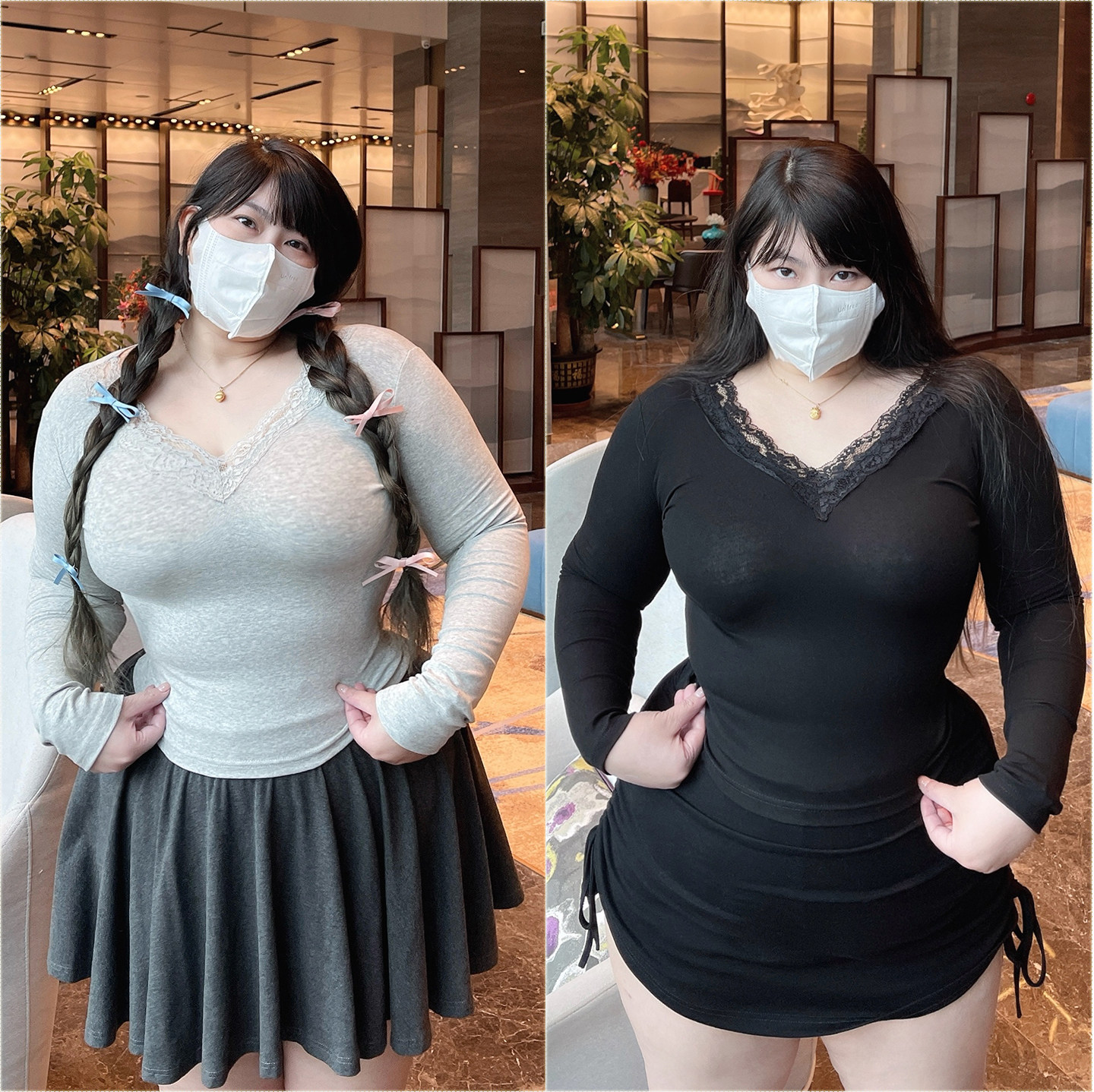 180的陈橙橙【蕾丝花边】大码女装性感V领打底衫修身长袖上衣T恤