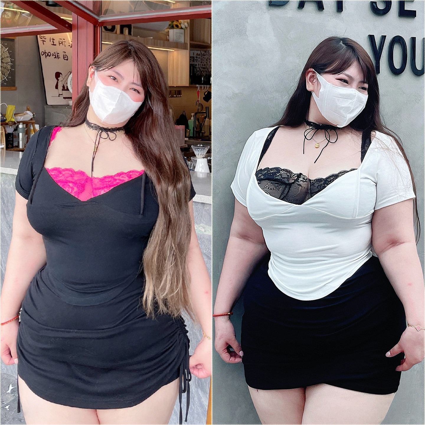 180的陈橙橙【半遮尤怜】大码女装假两件蕾丝拼接T恤性感显瘦上衣
