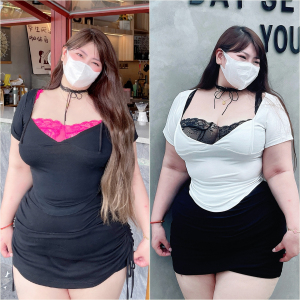 180的陈橙橙【半遮尤怜】大码女装假两件蕾丝拼接T恤性感显瘦上衣