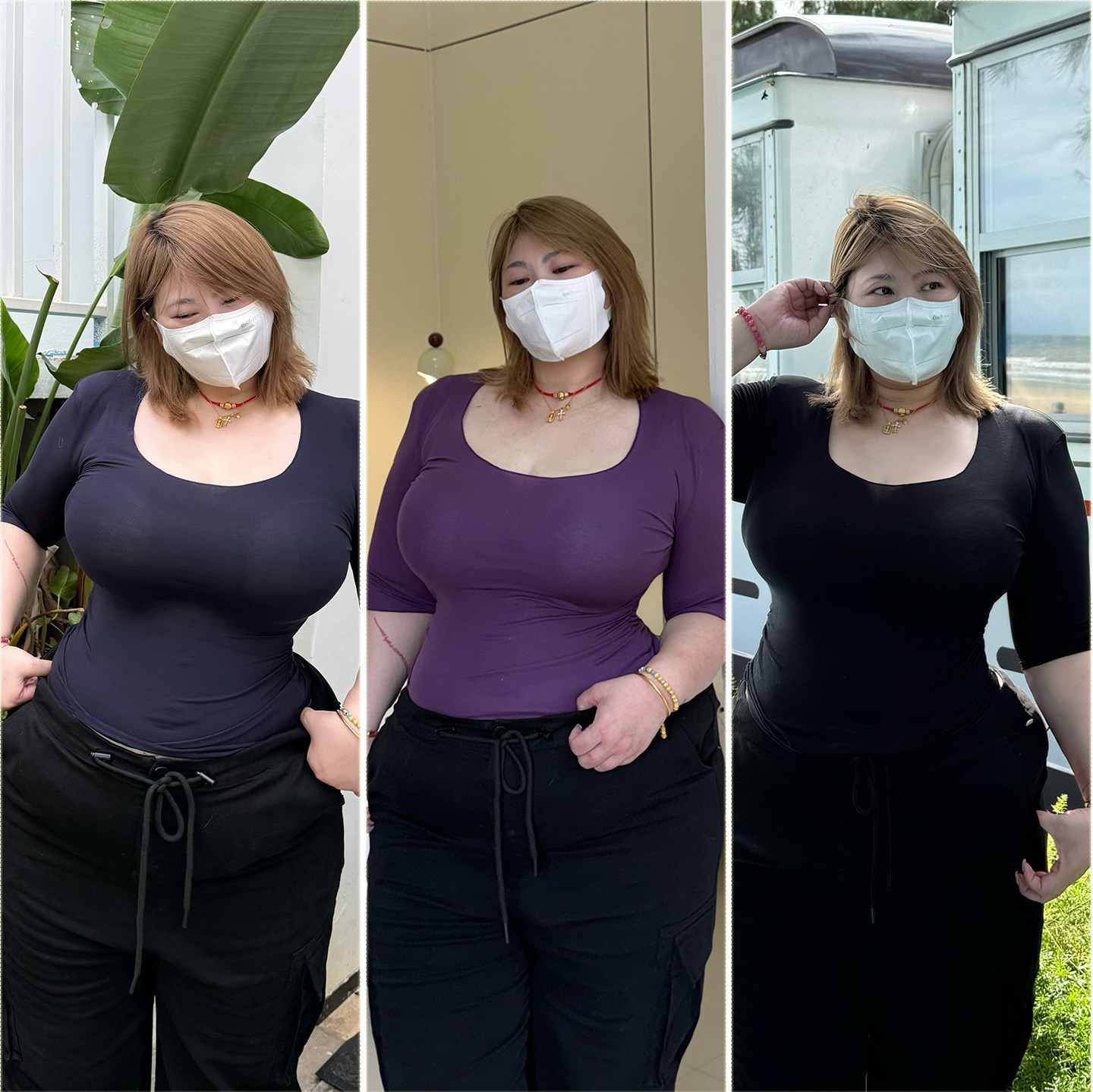 大码女装胖mm薄款透气U领T恤上衣