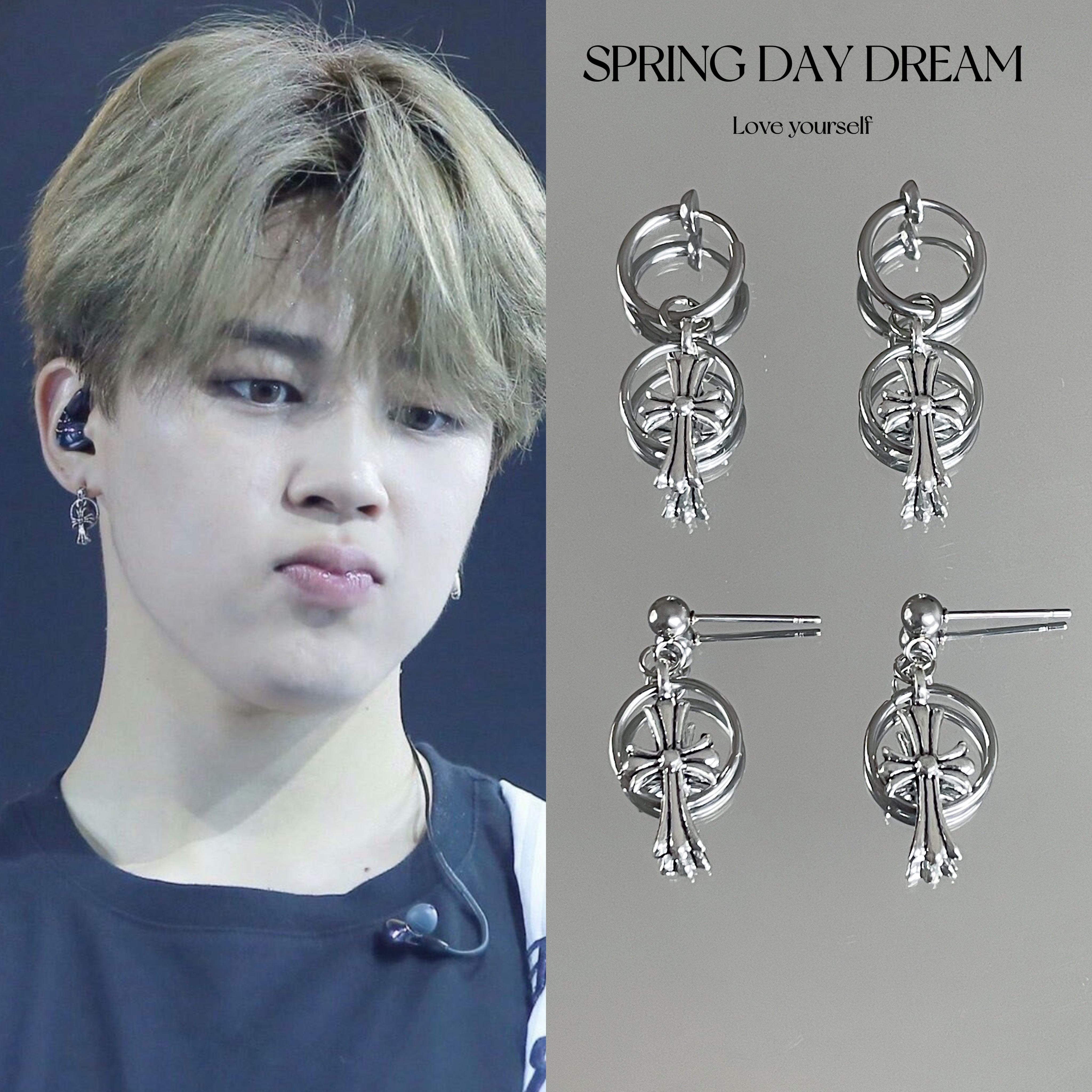 防弹少年团Jimin朴智旻同款十字架耳钉潮酷男女个性原宿耳夹饰品