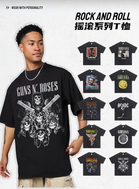 涅磐乐队metalica短袖T恤欧美高街重金属摇滚乐队水洗做旧朋克男
