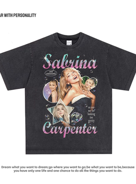 Sabrina Carpenter联名短袖 美式重磅小领口纯棉T恤复古水洗做旧