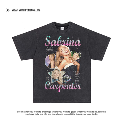 Sabrina Carpenter联名短袖 美式重磅小领口纯棉T恤复古水洗做旧