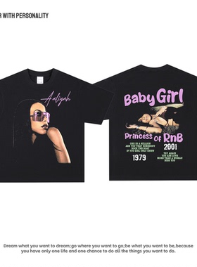 阿莉雅达纳霍顿Aaliyah美式双面印花纯棉透气重磅复古宽松长短袖